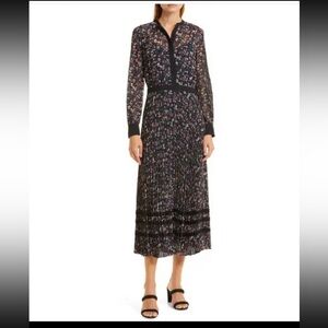 Club Monaco Floral Print Pleated Long Sleeve Midi Dress 00 XS